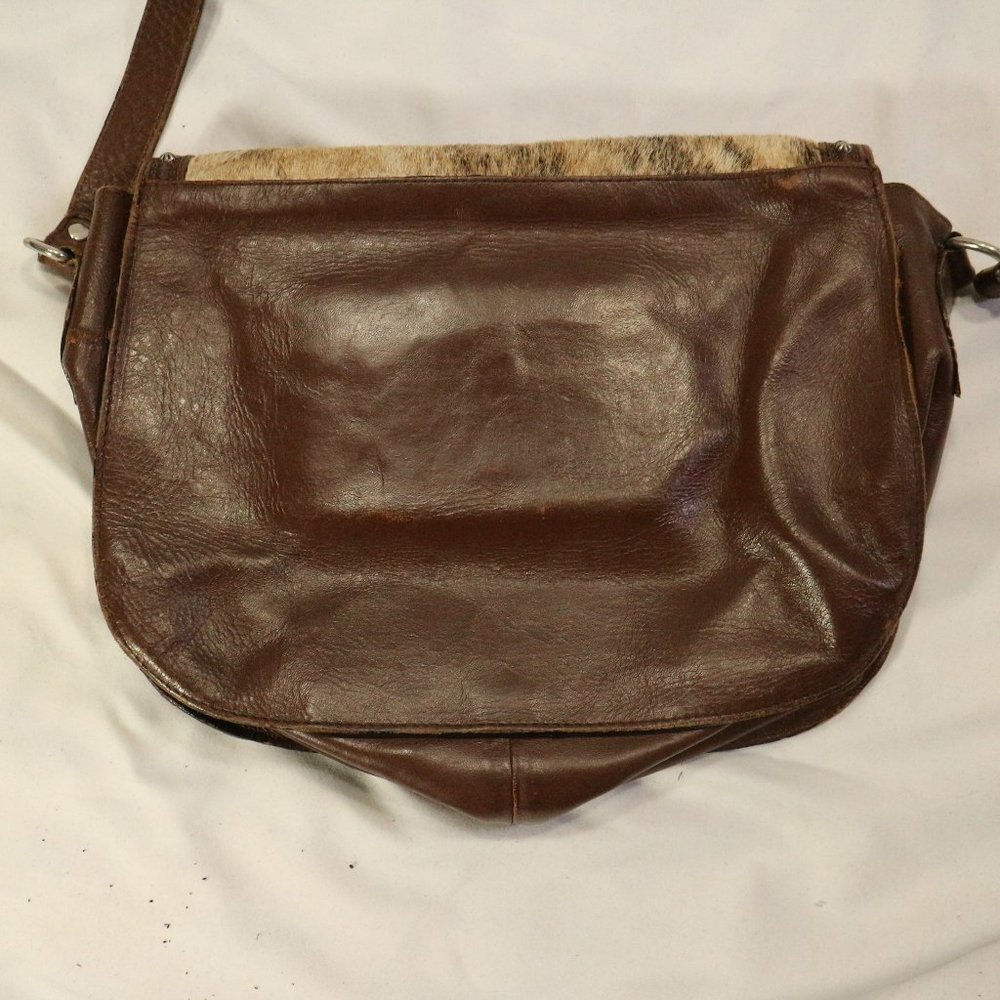 Genuine Leather Cow Hair Cross Studded Accent Shoulder Purse - Picture 6 of 12